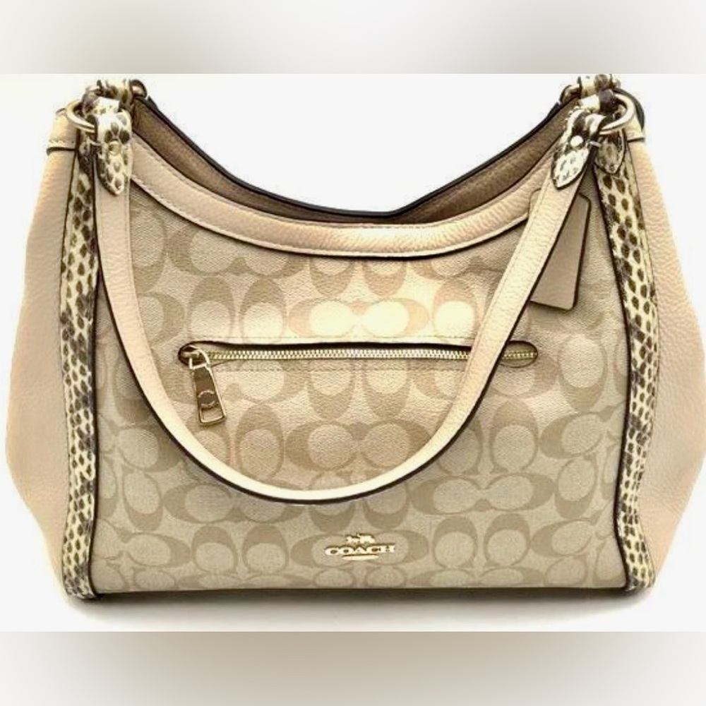Coach Kristy Shoulder Bag Light Khaki/ivory Signature W/ Snake Trim- Excellent.